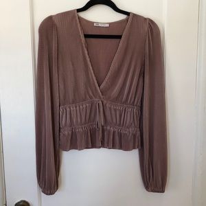 ZARA M LIGHT TAUPE PINK LONG SLEEVE CROPPED AND BUNCHED TOP
